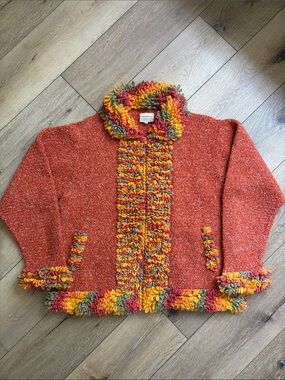 Purple Mountain Full Zip Cardigan Sweater Wool Blend Orange Artsy Boho L Womens